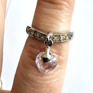 Crystal heart charm ring silver tone size 6.75    6 3/4 valentine's day clear